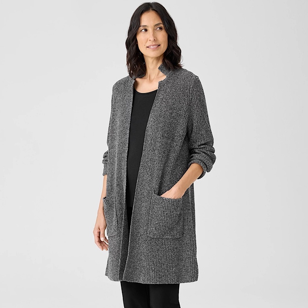 Eileen Fisher Silk Noil‎ Stand Collar Cardigan Charcoal Medium